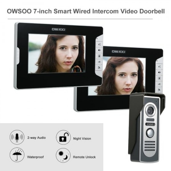 OWSOO 7 Inch Video Door Phone Doorbell Intercom Kit 2 Indoor Monitor 1 Outdoor Camera Night Vision Hands-free Call Electric Lock