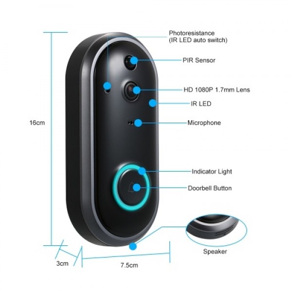 Smart WIFI 1080P Security Doorbell with Visual Recording Night Vision PIR Motion Detection