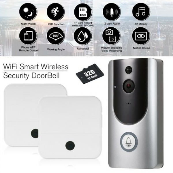 HD 1080P WiFi Smart Wireless Security Doorbell with 8G TF Card+2PCS 18650 Batteries +2*Wireless Doorbell Chime