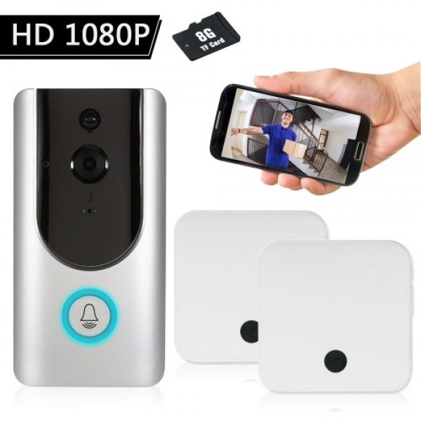 HD 1080P WiFi Smart Wireless Security Doorbell with 8G TF Card+2PCS 18650 Batteries +2*Wireless Doorbell Chime