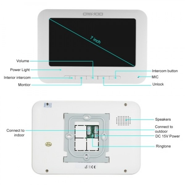 OWSOO 7 inch Wired Video Doorbell Indoor Monitor with IR-CUT Rainproof Outdoor Camera Visual Two-way Intercom Audio Remote Unloc