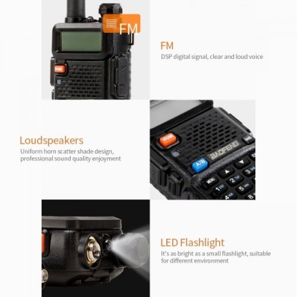 BAOFENG BF-UV5R FM Transceiver Dual Band Handheld Transceiver 128CH Amateur Portable Radio Long Standby Black