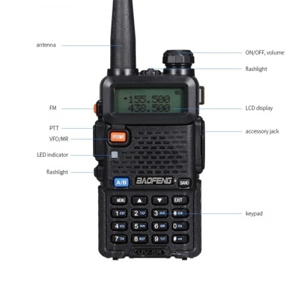 BAOFENG BF-UV5R FM Transceiver Dual Band Handheld Transceiver 128CH Amateur Portable Radio Long Standby Black