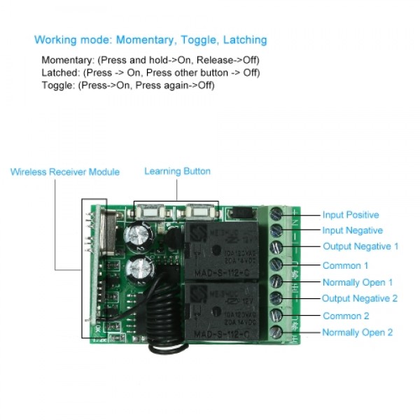 433Mhz DC 12V 2CH Universal Wireless Remote Control Switch