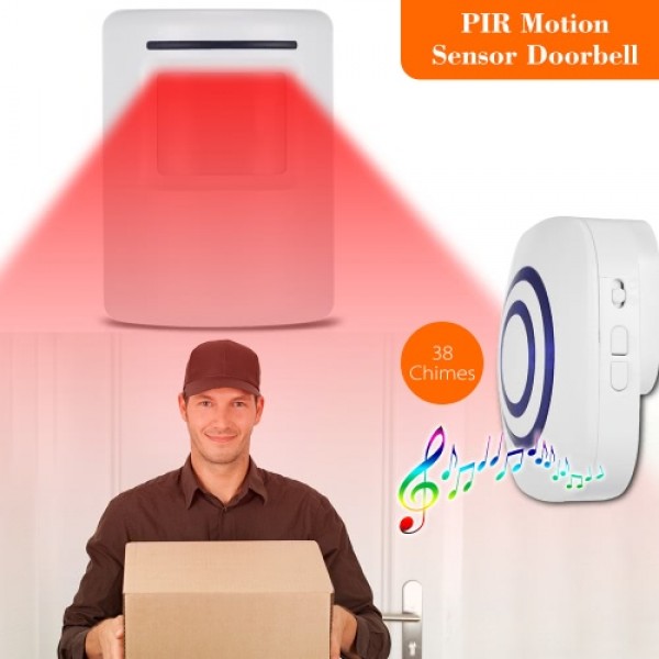 Wireless PIR Motion Sensor Doorbell 38 Chimes Volume Adjustment Long Transmission Range