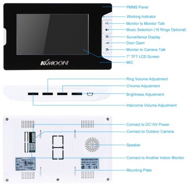 Video Doorbell Video Door Phone with 7'' Color TFT LCD Monitor Screen 5 IR LEDs 16 Music Rings Adjustable Volume Brightness for 