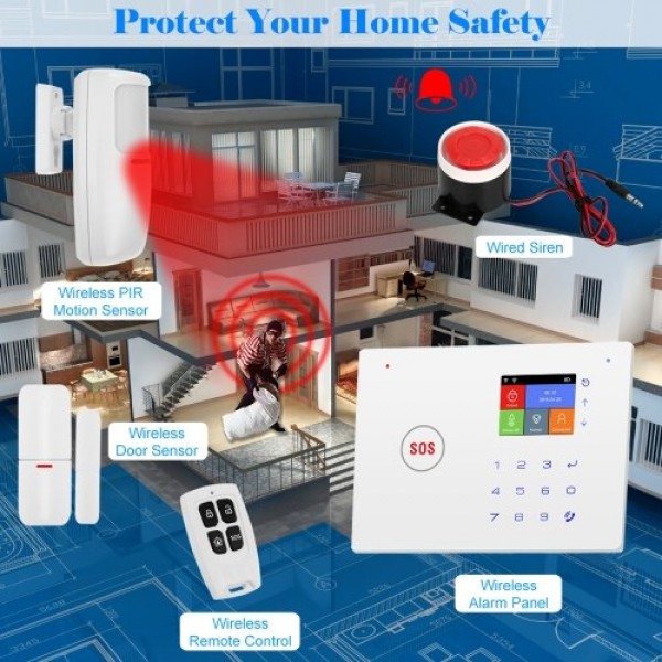 Security Alarm System  Kit Auto Dial GSM+WiFi Home Security Wireless Alarm System GSM Home Security Alarm System Motion Sensor D