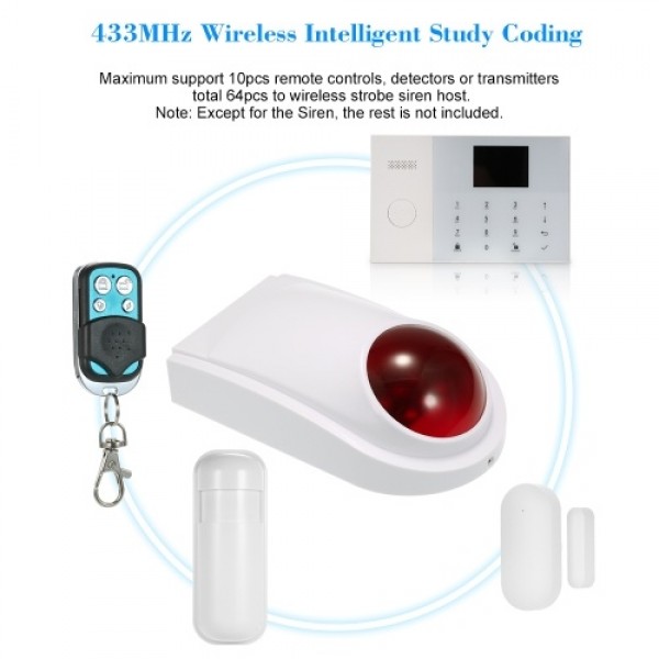 Wireless Sound Strobe Siren Alarm Host Flash Light Alarm Outdoor Waterproof Compatible with 433MHz Remote Control, Door Sensor, 