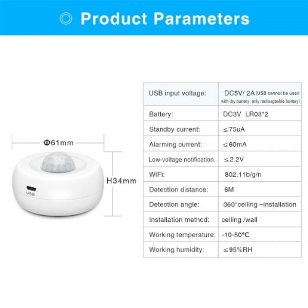 WiFi PIR Motion Sensor Wireless Passive Infrared Detector Security Burglar Alarm Sensor Tuya APP Control Smart Home Security Sys