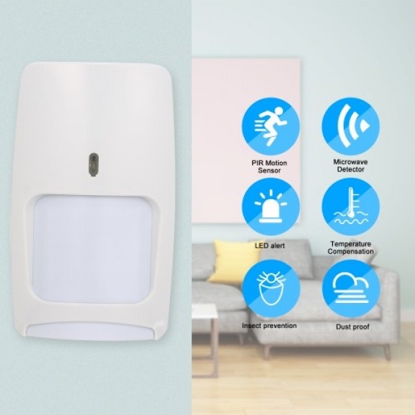 Wired Dual-tech Infrared Motion and Microwave Detector Wall Mounted PIR Motion Sensor Pet Immunity for Home Burglar Security Ala