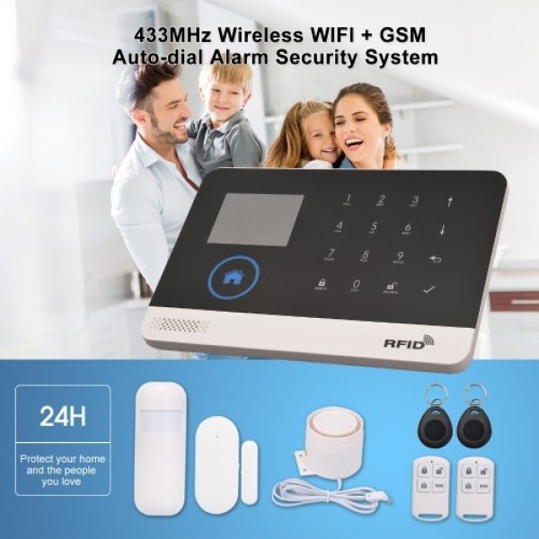 433MHz Wireless WIFI + GSM Auto-dial Alarm Security System LCD Display Door Sensor PIR Motion Sensor Phone APP Remote Control Co