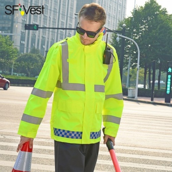 SFVest High Visibility Reflective Waterproof Rain Jacket Rainwear Coat Luminous Safety Raincoat Outdoor Traffic Police Hiking Ri