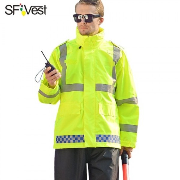 SFVest High Visibility Reflective Waterproof Rain Jacket Rainwear Coat Luminous Safety Raincoat Outdoor Traffic Police Hiking Ri