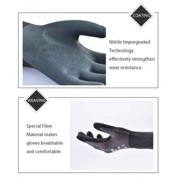 1-Pair Nitrile Impregnated Work Gloves Safety Gloves for Gardening Maintenance Warehouse for Men and Women (Black Gray S)