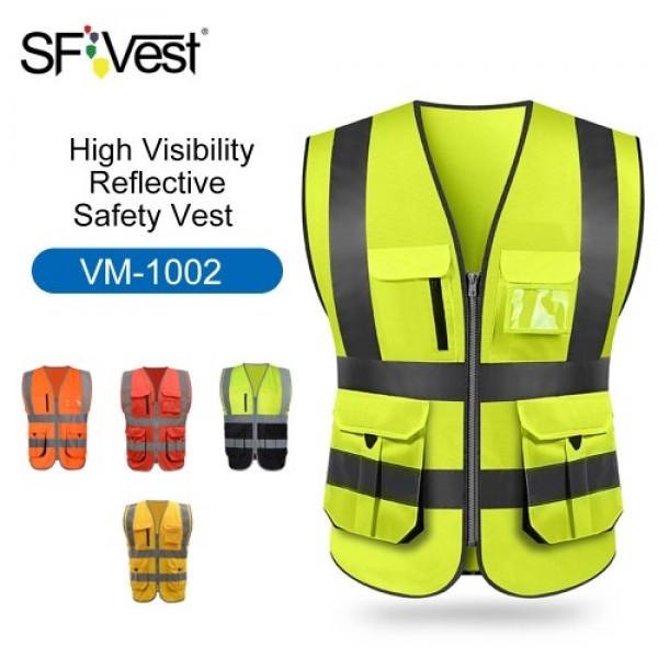 SFVest  High Visibility Reflective Safety Vest Reflective Vest Multi Pockets Workwear Security Working Clothes Day Night Motorcy