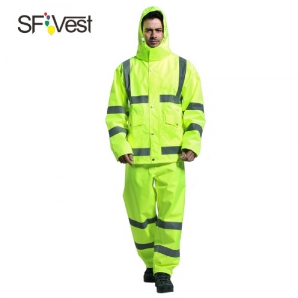 SFVest High Visibility Reflective Rainwear Suit Thickened Luminous Safety Raincoat Suit Outdoor Hiking Riding Men and Women Wate