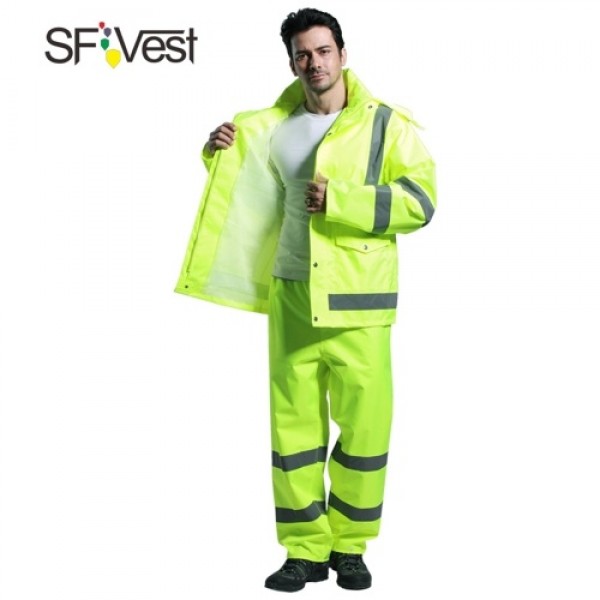 SFVest High Visibility Reflective Rainwear Suit Thickened Luminous Safety Raincoat Suit Outdoor Hiking Riding Men and Women Wate