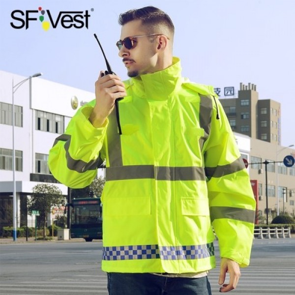 SFVest High Visibility Reflective Rainwear Coat Luminous Safety Raincoat Outdoor Hiking Riding Men and Women Waterproof 300D Oxf