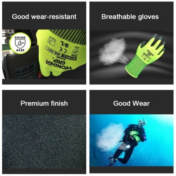 Wonder Grip Universal Work Gloves with 13-Gauge Nylon Liner &amp; Nitrile Foaming Coating Abrasion-proof Gardening Gloves