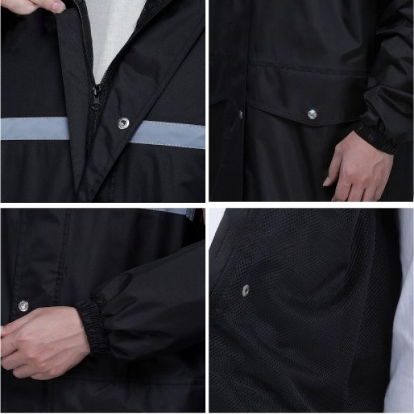 Mens Waterproof Rain Suit with Reflective Strip Waterproof Jacket Trouser Suit Raincoat Windproof Hooded Rainsuit for Fishing Ca