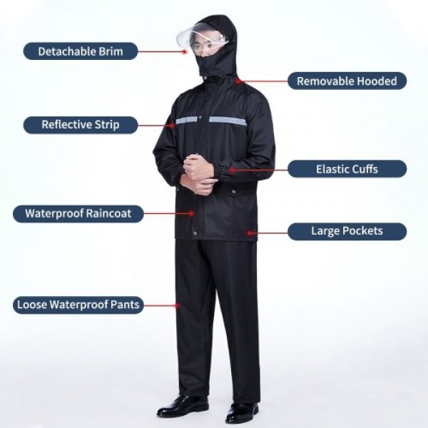 Mens Waterproof Rain Suit with Reflective Strip Waterproof Jacket Trouser Suit Raincoat Windproof Hooded Rainsuit for Fishing Ca