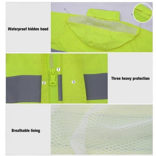 SFVest High Visibility Reflective Rainwear Suit Luminous Safety Raincoat Suit Outdoor Hiking Riding Men and Women Waterproof Oxf