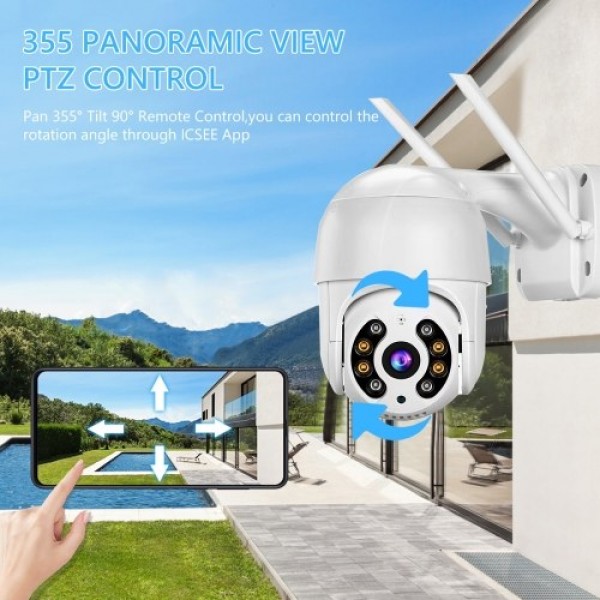 Outdoor WiFi PTZ Camera, 5MP Wireless WiFi IP Camera Home Security System with 360° View, Color Night Vision, 2-Way Audio, Motio