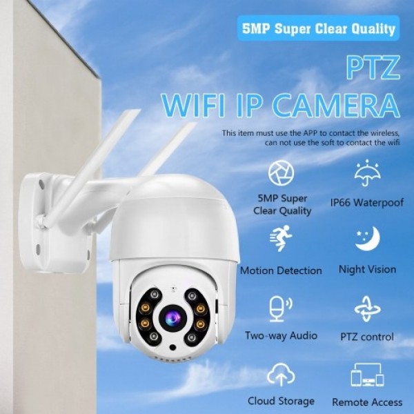 Outdoor WiFi PTZ Camera, 5MP Wireless WiFi IP Camera Home Security System with 360° View, Color Night Vision, 2-Way Audio, Motio