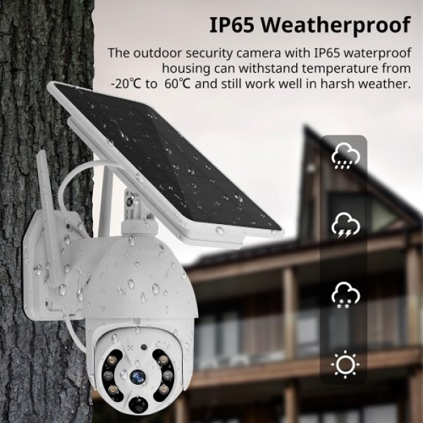 Wireless Solar Panel Security Camera, 1080P Outdoor Camera WiFi 360° PTZ Surveillance Camera Support Night Vision, PIR Motion De