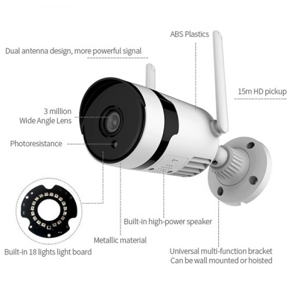 3MP Wireless Security Camera, Outdoor Waterproof WiFi Home Surveillance Bullet Camera with Night Vision, Motion Detection, Two-w