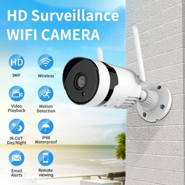 3MP Wireless Security Camera, Outdoor Waterproof WiFi Home Surveillance Bullet Camera with Night Vision, Motion Detection, Two-w