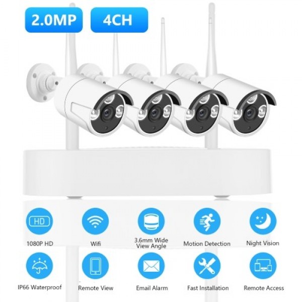 1080P Wireless Security Camera System, 4 Channel NVR WiFi Surveillance System with 4Pcs Outdoor IP Cameras, Support Night Vision