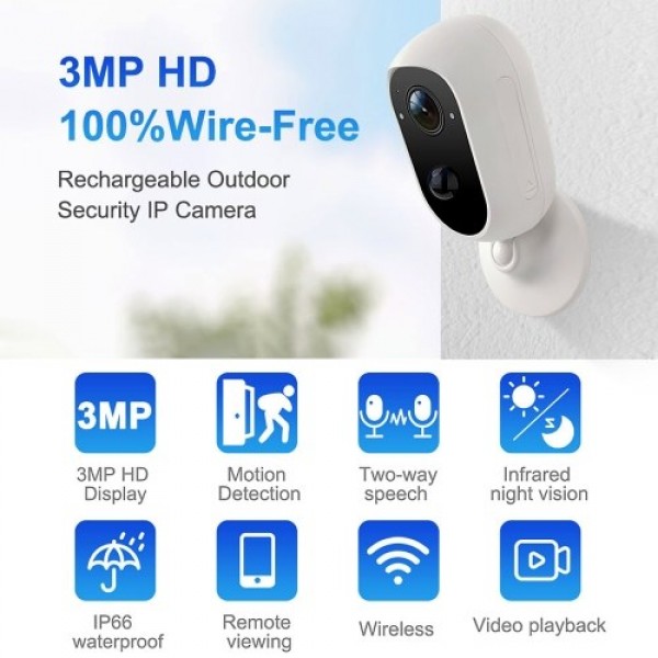 3mp Security Camera  WiFi Wireless  Home Surveillance Camera indoors/Outdoor with 2-Way Audio/Night Vision/Motion Detection/IP66