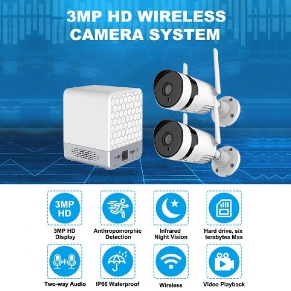 Wireless Security Camera System with 2PCS IP Cameras PIR Sensor Humanoid Detection and Play 2 Way Audio Remote Control