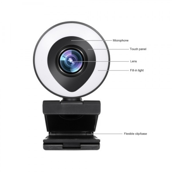 Webcam Streaming 1080P Full HD with Dual Microphone and Ring Light USB Web Camera Stream for Laptop YouTube OBS