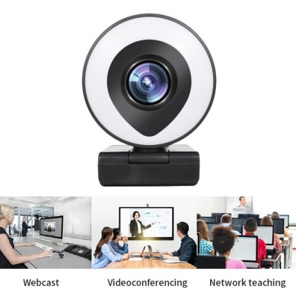 Webcam Streaming 1080P Full HD with Dual Microphone and Ring Light USB Web Camera Stream for Laptop YouTube OBS