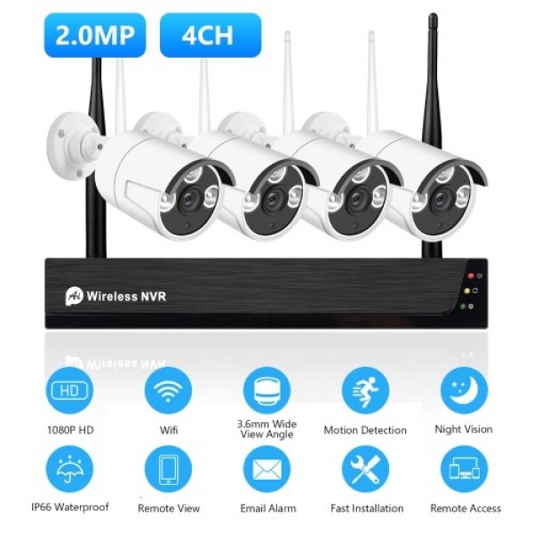 1080P 4CH HD Wireless Security Camera System, 4CH NVR + 4Pcs WiFi IP Camera 1080P Video Surveillance Camera with Night Vision, M