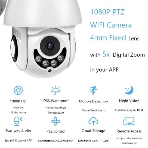 Full HD 1080P Security Cameras 2MP Outdoor Waterproof Wireless WiFi PTZ  Camera with Night Vision Motion Detection Two-way Audio