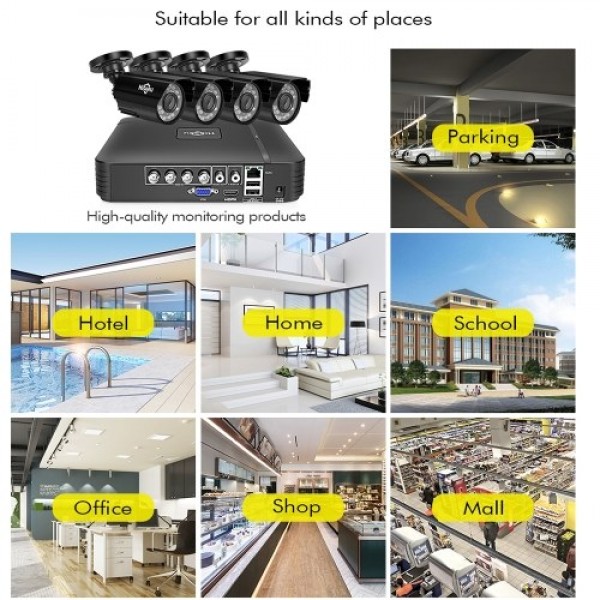 Security Camera System 4CH 1080P DVR+4pcs 1080P Full HD Indoor Outdoor Weatherproof CCTV Cameras Support Motion Alert Remote Acc