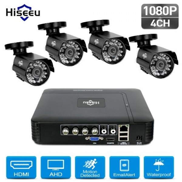 Security Camera System 4CH 1080P DVR+4pcs 1080P Full HD Indoor Outdoor Weatherproof CCTV Cameras Support Motion Alert Remote Acc