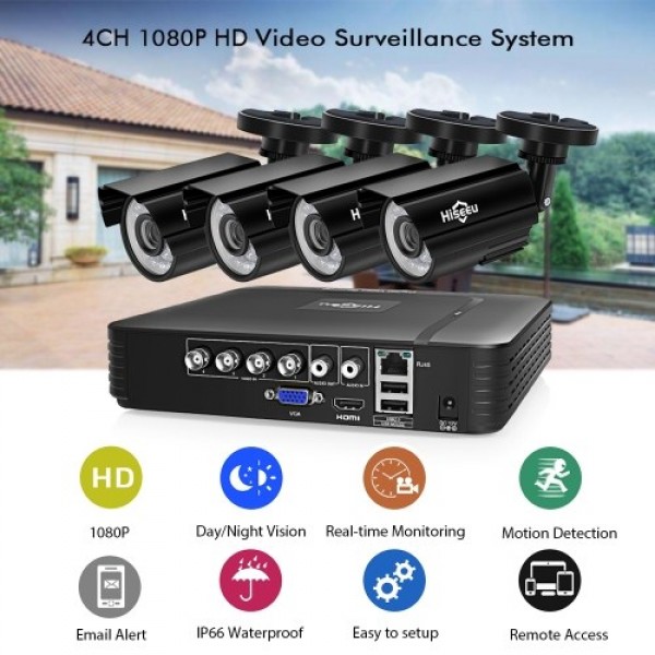 Security Camera System 4CH 1080P DVR+4pcs 1080P Full HD Indoor Outdoor Weatherproof CCTV Cameras Support Motion Alert Remote Acc