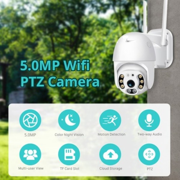 Security Camera Outdoor, Pan Tilt Wireless Home Security Camera, 5MP WiFi Home Surveillance Camera with Color Night Vision, Remo