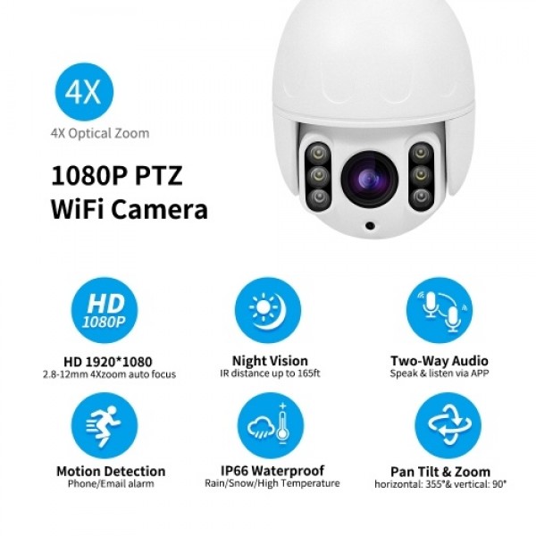 PTZ WiFi Camera Outdoor 1080P IP Security Camera Pan Tilt 4X Optical Zoom Dome Surveillance Monitor