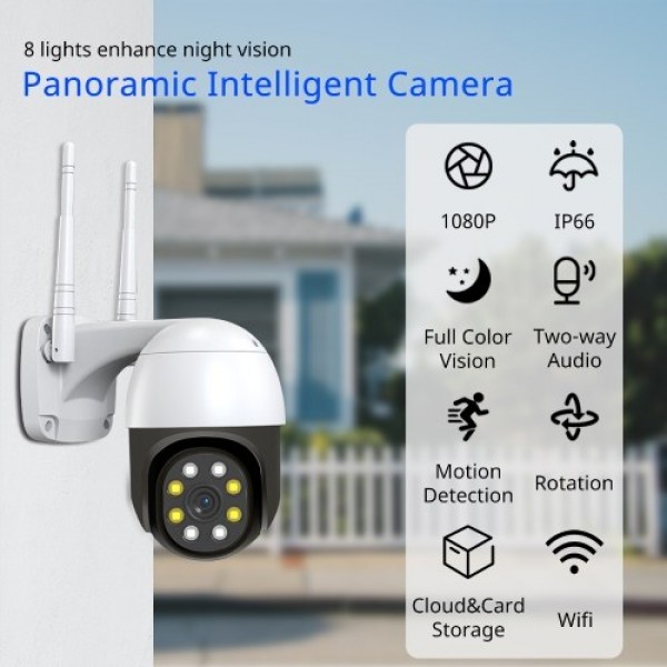 Outdoor Wireless WiFi Security Camera, 360° View Pan Tilt 1080P WiFi Home Surveillance Camera with Color Night Vision, 2-Way Aud