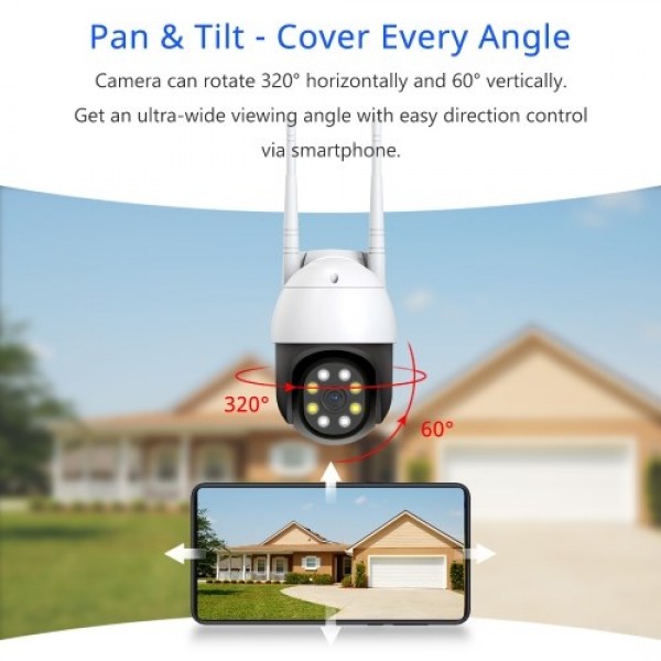 Outdoor Wireless WiFi Security Camera, 360° View Pan Tilt 1080P WiFi Home Surveillance Camera with Color Night Vision, 2-Way Aud