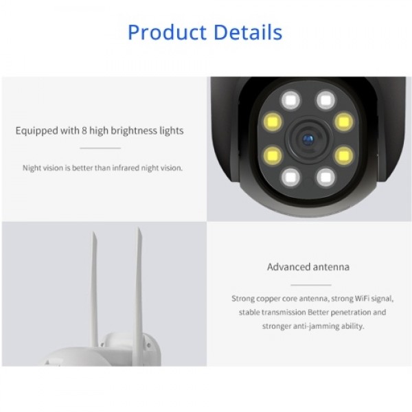 Outdoor Wireless WiFi Security Camera, 360° View Pan Tilt 1080P WiFi Home Surveillance Camera with Color Night Vision, 2-Way Aud