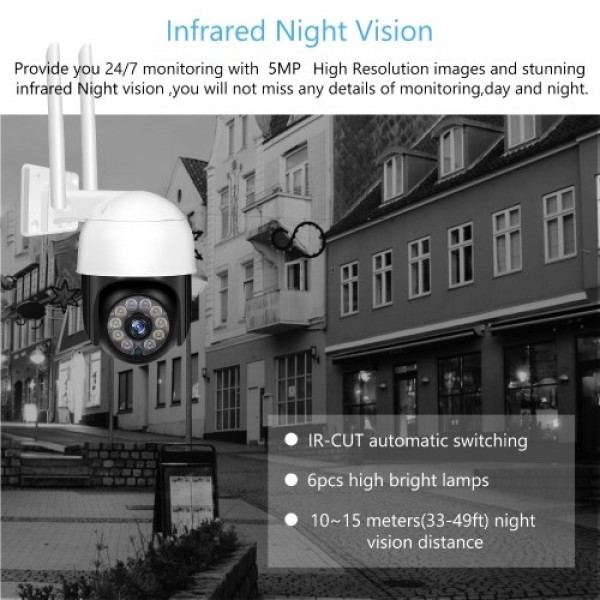 Outdoor Security Camera, 5MP 360° View Pan/Tilt Wireless 2.4G WiFi Home Surveillance Camera with Color Night Vision, Two-way Aud