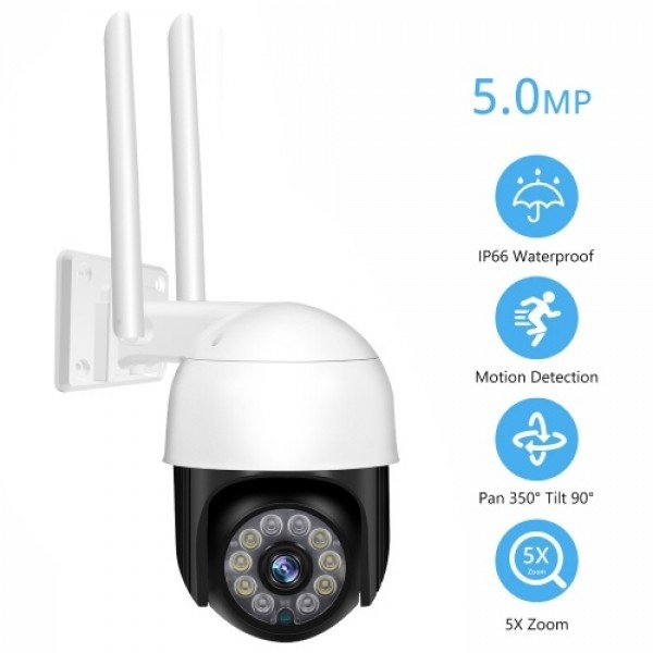 Outdoor Security Camera, 5MP 360° View Pan/Tilt Wireless 2.4G WiFi Home Surveillance Camera with Color Night Vision, Two-way Aud