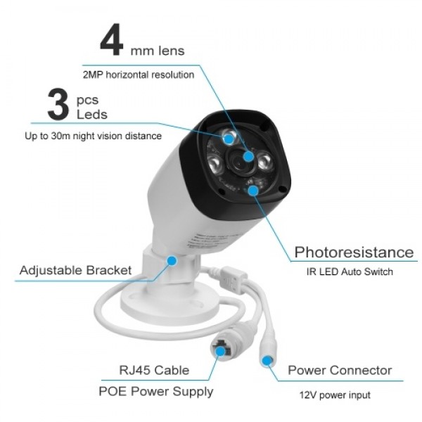 1080P HD POE 3 Array IR Lamps Night View  Phone APP Control IP Camera