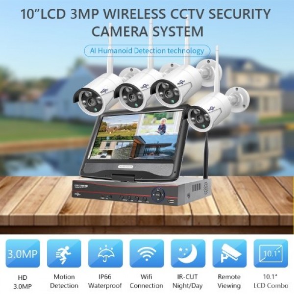 3MP Wireless Security Camera System with 10inch Monitor